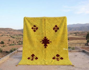 Alfombra marroquí amarilla personalizada, de lana bereber de pelo largo, decoración bohemia.
