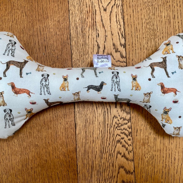 Dog Bone Toy Gift - Dog toy with a dog print on a cream background including two squeakers.  Enrichment and play toy for dogs. Dog gift.