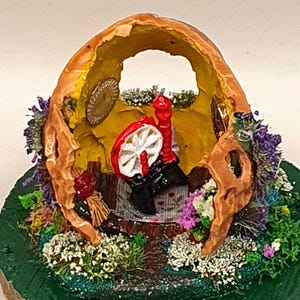 Walnut shell miniature Welsh cottage diorama, spinning wheel gifts, tiny house ornament