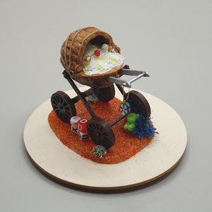 Miniature pram baby stroller for baby shower, walnut shell diorama, mini art sculpture, fairy garden accessories, cottagecore shelf decor