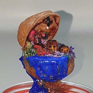Walnut shell miniature house diorama, tiny fantasy world in a nutshell, hanging ornament jar, novelty gift