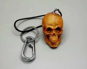 Wooden skull bag charm, long keychain, dark academia satchel accessory, goth girl gifts