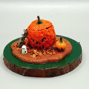 Pumpkin house miniature diorama, walnut shell fairy house ornament, orange desk decor