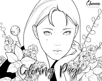 May include: Black and white line art coloring page featuring a woman with long hair and flowers. The text "Coloring Page" is written in cursive at the bottom of the image.