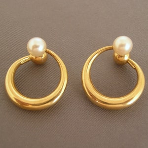 14K Solid Yellow Gold Pearl or Gold Ball Reversible Hoop Earrings for Non Pierced Ears - 2 Earrings in One!