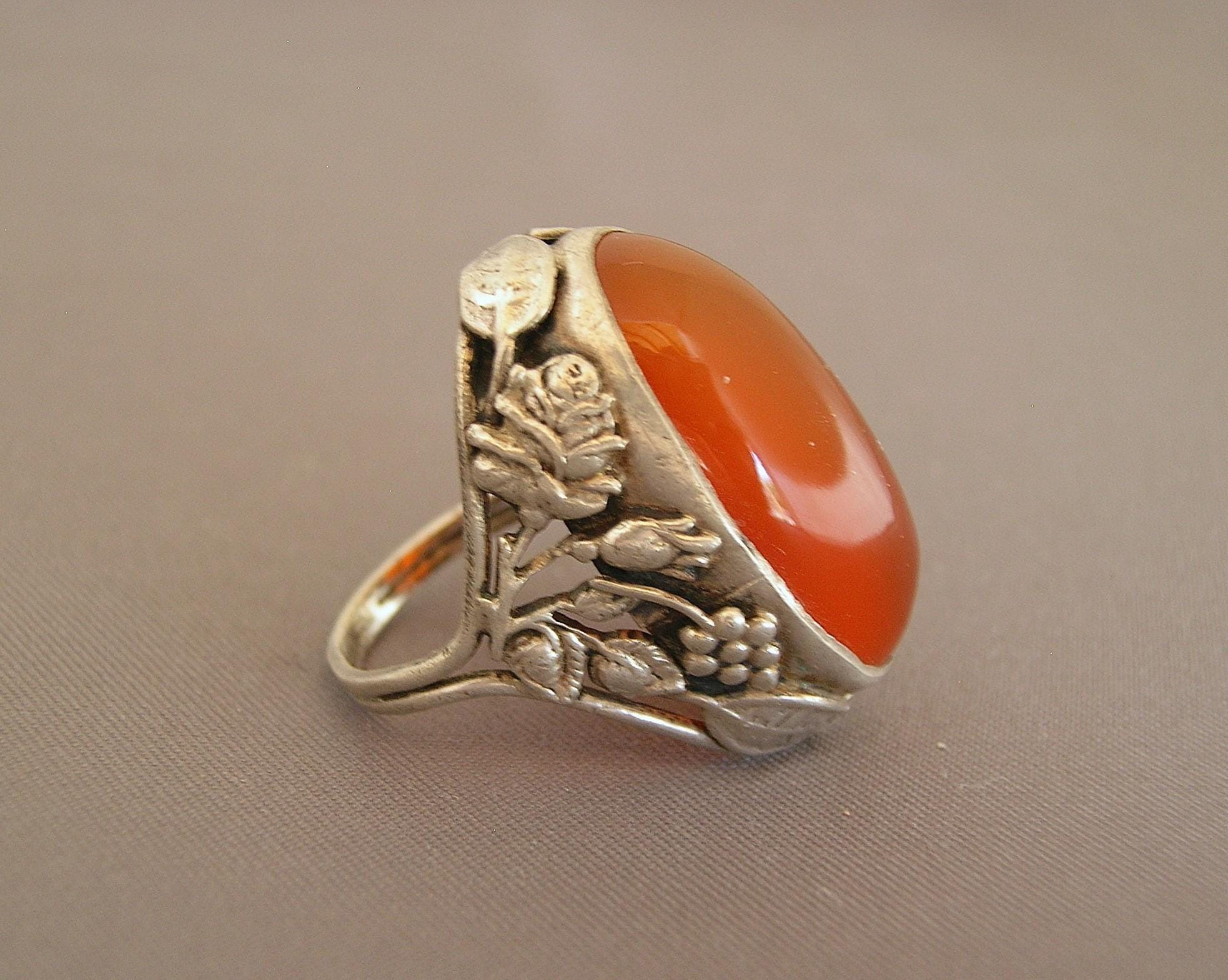 Antique Arts and Crafts Carnelian Stone & Sterling Silver Leaves and Berries Statement Ring Size 5 1/4
