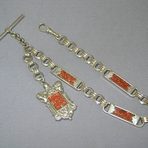 Fancy Silver Tone Victorian Pocket Watch Chain & Fob T-Bar Goldstone - Faces