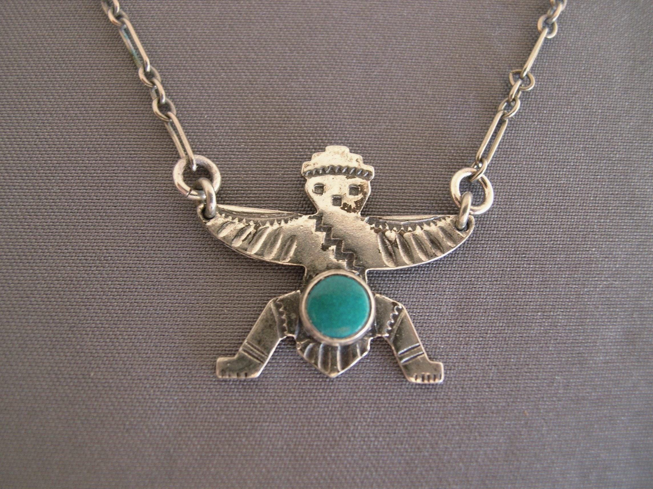 アクセサリー Vintage Navajo Chain Necklace Vintage Fred Harvey Era Navajo Sterling Silver Turquoise Knifewing