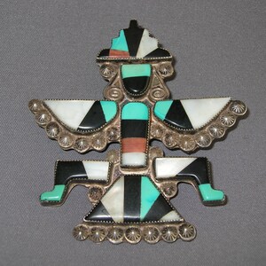 Large Old Zuni Mosaic Inlay Sterling Silver Knifewing Pin