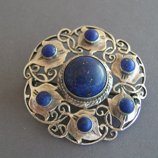 Theodor Fahrner 935 Sterling Jugendstil Round Lapis Lazuli c.1900 Pin