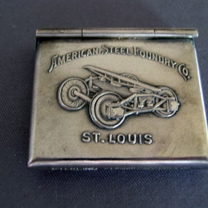 Stamp Box Advertising &quot;American Steel Foundry&quot; Sterling Silver Antique Stamp Case Holder