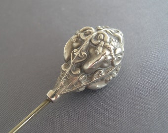 Unger Bros (Brothers) Art Nouveau 4 Sided Repousse Rams Head Sterling Silver Hatpin