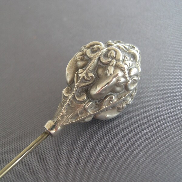 Unger Bros (Brothers) Art Nouveau 4 Sided Repousse Rams Head Sterling Silver Hatpin