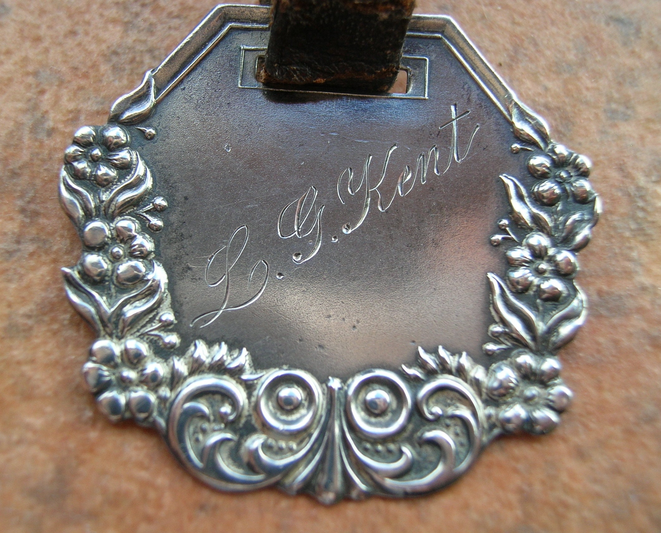 Antique Sterling Silver Repousse Luggage Tag Fob ~ Victorian, Art Nouveau