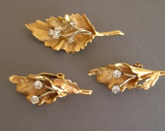 Vintage 14K Yellow Gold Diamond Leaf Pin and Earrings