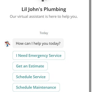 May include: A cartoon plumber with a wrench is the logo for Lil John's Plumbing. The website offers services such as emergency service, estimates, scheduling, and maintenance. The text "Today" and "How can I help you today?" are also visible.