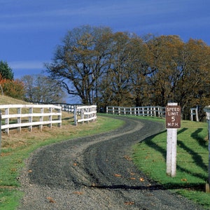May include: A white wooden fence with a gate leads to a gravel driveway. A brown sign with white text reads "Speed Limit 5 M.P.H."