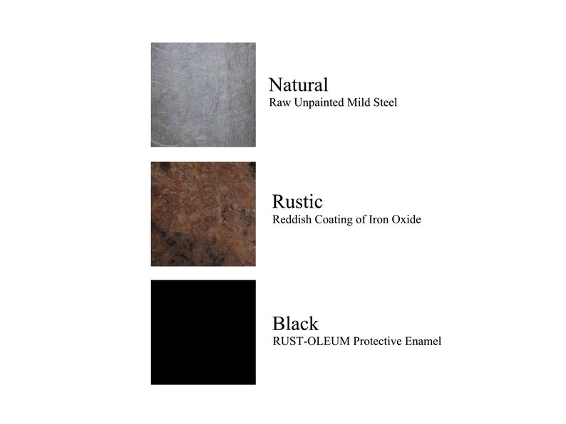 May include: Three metal samples showing different finishes: natural, raw unpainted mild steel; rustic, reddish coating of iron oxide; and black, RUST-OLEUM protective enamel.