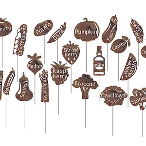 May include: Set of 18 metal garden markers with various vegetable and fruit shapes and names. The markers are rusty brown in color and have white lettering. The names include: Zucchini, Peas, Tomato, Cherry Tomato, Potato, Okra, Radish, Squash, Asparagus, Strawberry, Raspberry, Pumpkin, Broccoli, Whiskey, Eggplant, Lemon, Sweet Potato, Watermelon, Cauliflower, Onions, and Spinach.