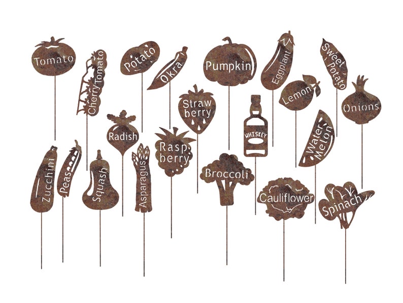 May include: Set of 18 metal garden markers with various vegetable and fruit shapes and names. The markers are rusty brown in color and have white lettering. The names include: Zucchini, Peas, Tomato, Cherry Tomato, Potato, Okra, Radish, Squash, Asparagus, Strawberry, Raspberry, Pumpkin, Broccoli, Whiskey, Eggplant, Lemon, Sweet Potato, Watermelon, Cauliflower, Onions, and Spinach.