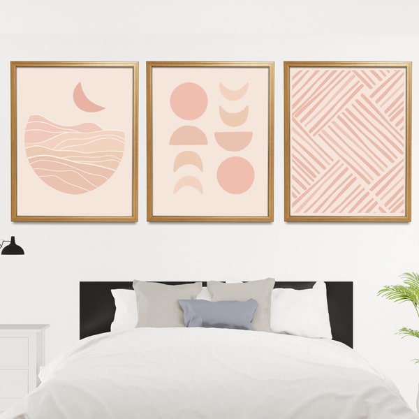 Set of 3 Minimal Boho Prints, Wall Art Printable, Modern Lineart Wall Decor, Hills, Moon Phases, Lines, Abstract Mid Century, Neutral Pink