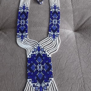 Blue & white Beaded Ukrainian Necklace Seed beaded Necklace ,Gerdan with national ,Ukrainian pattern in traditional Ukrainian,with Earring