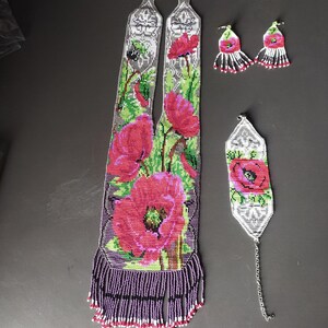 Collana di fiori con perline, collana ucraina, collana di perline Gerdan con motivo nazionale ucraino in stile tradizionale ucraino, con orecchini in omaggio immagine 9