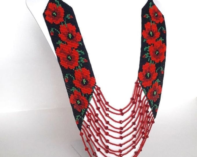 Red Ukrainian Traditional Multirow Necklace – Ethnic Antique Glass Bead Jewelry