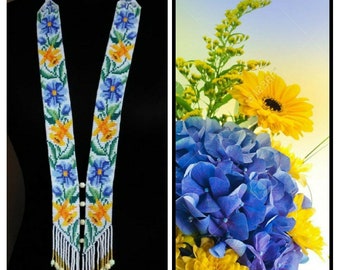 Collier de perles tissées ethniques/Nacklace ukrainien Gerdan avec motif national ukrainien dans des couleurs ukrainiennes traditionnelles, bijoux en perles de rocaille