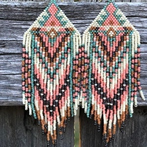 Beadwork earrings, Multi Colours earrings Beaded earrings Ethnic earrings American native Seed beads earrings Fringe earrings Boho earrings