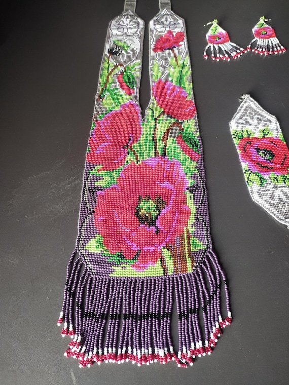 flower Beaded ,Ukrainian Necklace,beaded necklace Gerdan with national Ukrainian pattern in traditional Ukrainian,with Earring Free
