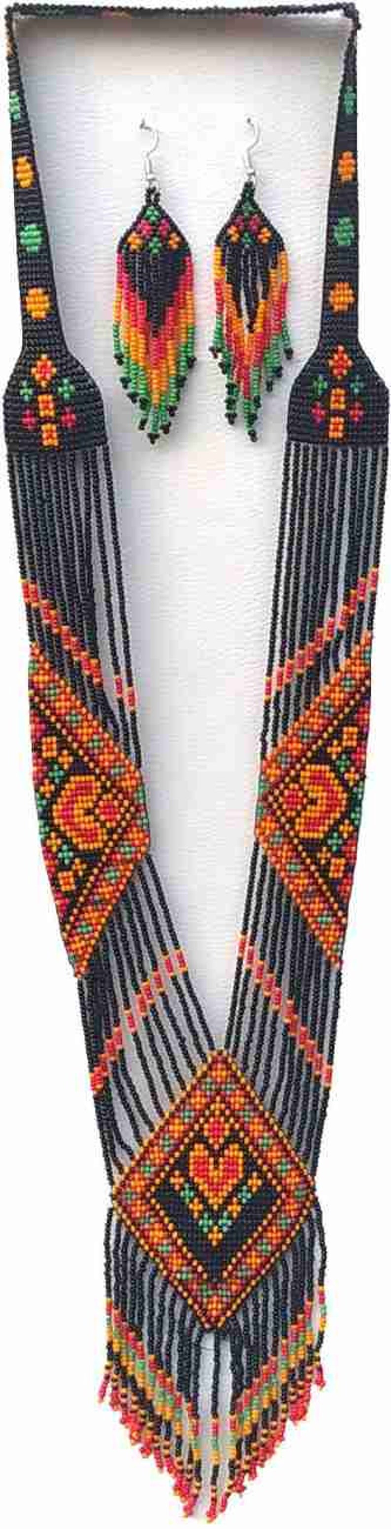 May include: A black beaded necklace with colourful geometric patterns and fringe. The necklace has a matching pair of earrings with the same design.