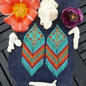 Perlenarbeit Ohrringe, Multi Farben Ohrringe Perlen Ohrringe ethnischen Ohrringe American native Seed Beads Ohrringe Fransen Ohrringe Boho Ohrringe