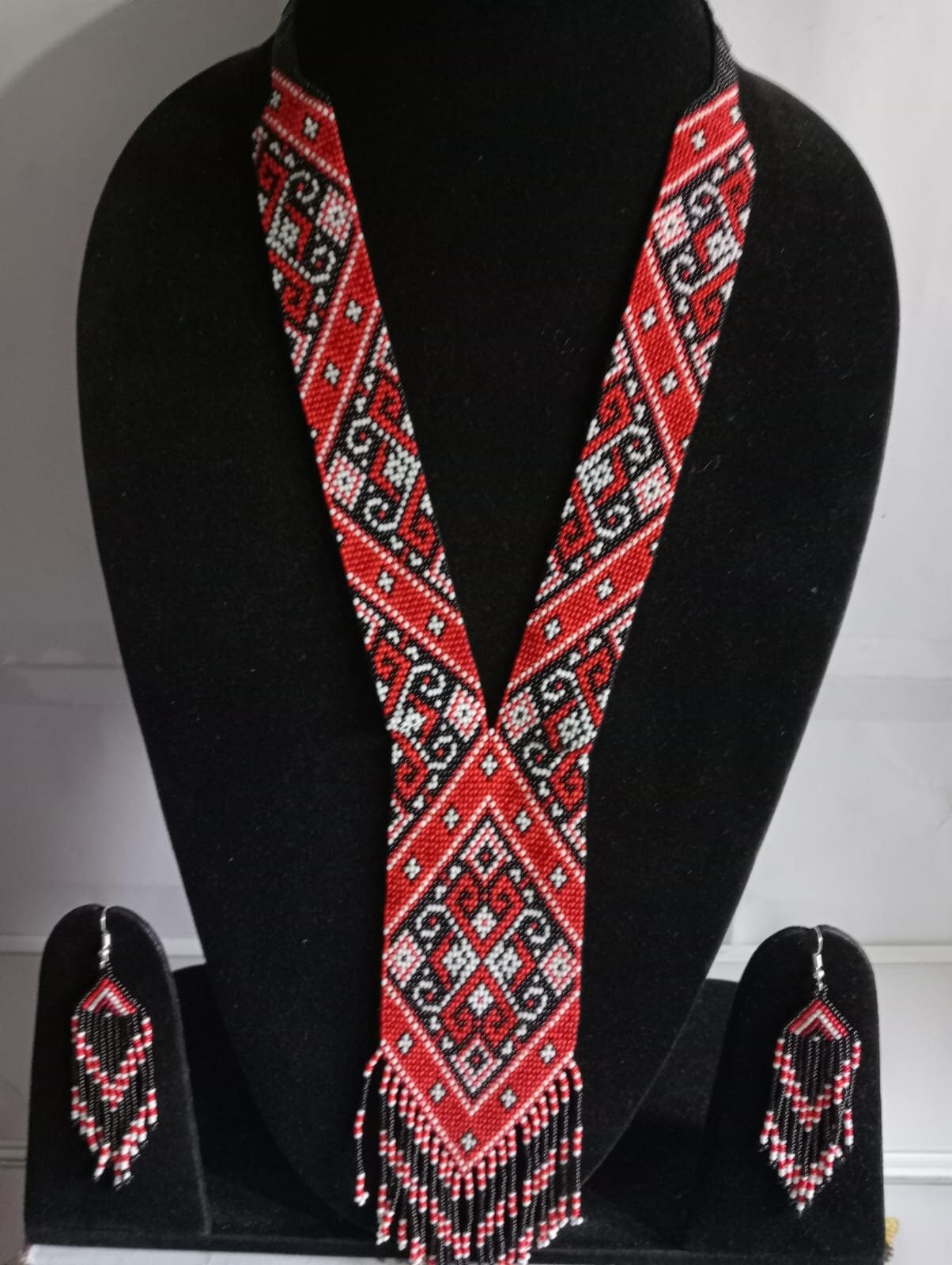 Red & Black Block, Ukrainian Gerdan Necklace |Chunky|Ethnic |Tribal |Bead Necklace |Unique |African Woman Necklace with earring,for gifted,