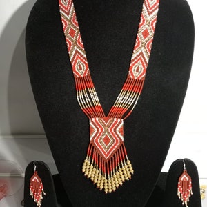 Halsband med seed beads, Flerfärgade pärlor gjorda med händerna, Halsband + örhängesset, Indianstil, Brudtärnepresenter, långt halsband, mexikanskt