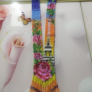 Eiffel Tower & flower Beed Necklace , Beaded/Ukrainian Gerdan, traditional unique necklace,Handmade Jewelry,Beaded ,multicolor,with Earring