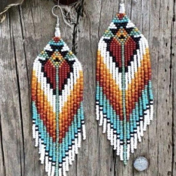 Beadwork earrings, Multi Colours earrings Beaded earrings Ethnic earrings American native Seed beads earrings Fringe earrings Boho earrings