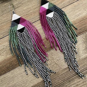 Beadwork earrings, Multi Colours earrings Beaded earrings Ethnic earrings American native Seed beads earrings Fringe earrings Boho earrings