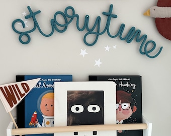 Storytime knitted wire word sign. For kids who love to read books. Signs to hang in a book corner / nook / library/ reading area or playroom