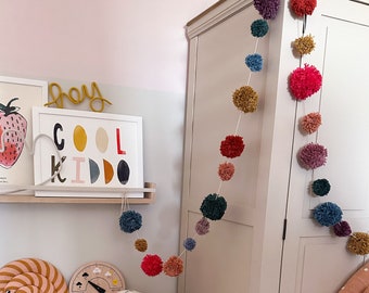 XL Rainbow Pom Pom Garland, Modern Colour Palette, Nursery Decor for Baby / Girl / Boy Room, Hanging Decoration for Kids, Newborn Child Gift