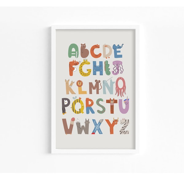 Alphabet Animals Kids Room Print, Animal Letters Wall Art, Modern Quirky Decor for Kids Rooms/ Playroom / Baby Nursery. Scandi Style Artwork