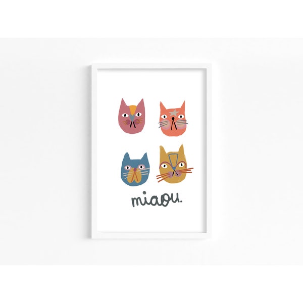 Miaou Meow Love Cats. Childs Wall Art Print. Kids who love Cats. Children's Room Decor Playful Colourful Design for Nursery Playroom Bedroom