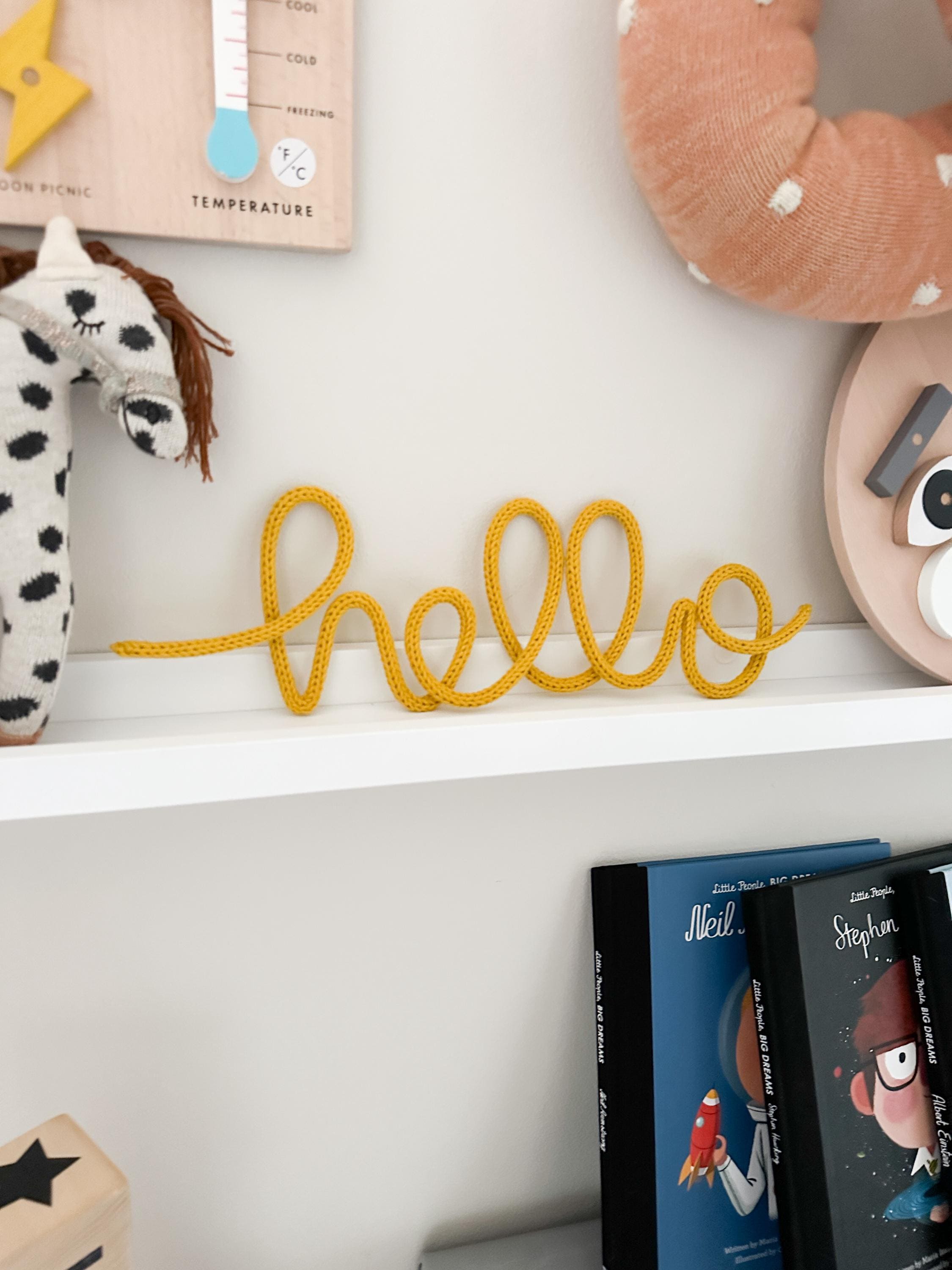 Knitted Wire Word “Hello” Wall Sign for a Nursery, a Newborn Baby Keepsake Gift to use as Kids Room Decor & a Sentimental Gift for New Mums