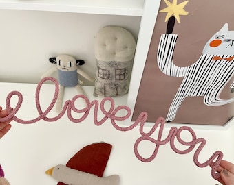 UK Baby Nursery Decor. I love you knitted wire word sign. Wall hanging for child's bedroom, nursery or playroom. Vegan Friendly. UK seller.