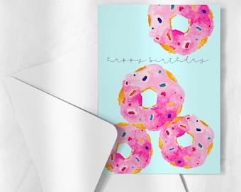 happy birthday card, donut card, pink donuts, friendship card, birthday card, watercolor donuts, blank greeting card, general birthday card