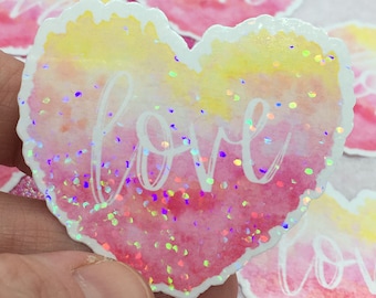watercolor heart sticker, love sticker, rainbow heart, 2 x 2 inch sticker, heart decal, valentine sticker, glitter stickers, glitter decals