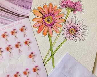daisy sticker sheets, planner sticker sheet, flower stickers, daisy stickers, gerber daisies, cute planner stickers, watercolor flowers