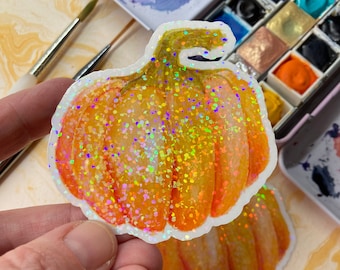Watercolor Pumpkin Sticker, Holographic Glitter, Waterproof