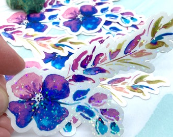 galaxy flower sticker, watercolor sticker, botanical sticker, waterproof holographic vinyl decals, floral sticker, flower sticker for laptop