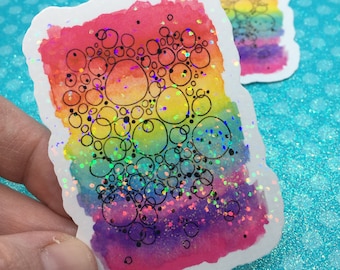 Pegatina abstracta de arcoíris con acuarela y purpurina holográfica, pegatina de vinilo resistente al agua, estética de arcoíris, calcomanía para computadora portátil, pegatina de círculos